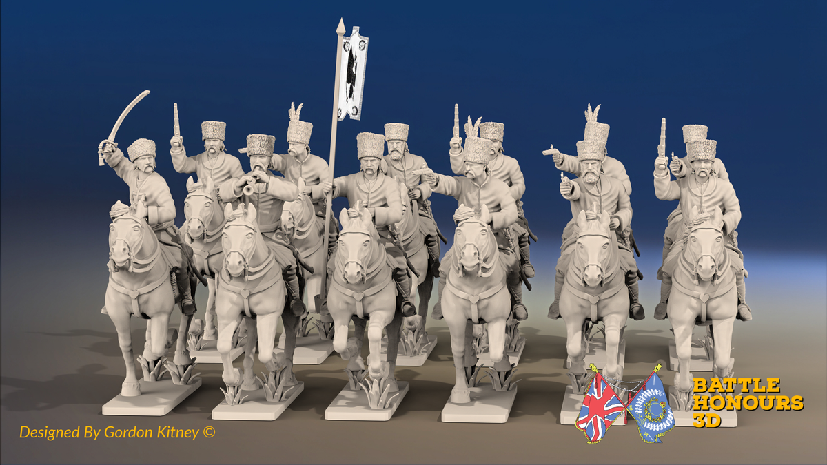 Seven Years’ War Russian Cossack Regiment - Pistols - 12 Mounted Figures, front view. Supplied unpainted.
