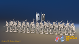 Seven Years’ War Russian Musketeer Battalion - Advancing - Winter Uniform - Rolled Cloaks - 30 Figures, front view. Supplied unpainted.