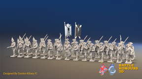 Seven Years’ War Russian Musketeer Battalion - Advancing - Winter Uniform - Rolled Cloaks - 30 Figures, front view. Supplied unpainted.