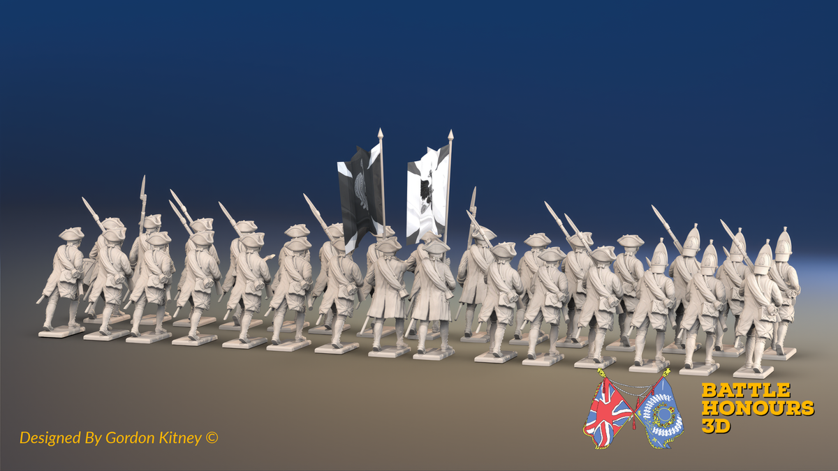 Seven Years’ War Russian Musketeer Battalion - Advancing - Winter Uniform - Rolled Cloaks - 30 Figures, rear view. Supplied unpainted.