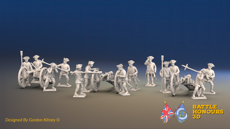 Seven Years’ War Russian Artillery Battery - 8-Pounders - Summer Uniform - 3 Guns and 13 Figures, front view. Supplied unpainted.
