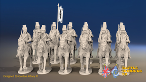 Seven Years’ War Russian Hussar Regiment - Mirlitons - 12 Mounted Figures, front view. Supplied unpainted.