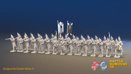 Seven Years’ War Russian Grenadier Battalion - Firing - Winter Uniform - Rolled Coats - 30 Figures, front view. Supplied unpainted.