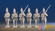 Seven Years’ War Russian Grenadiers - Advancing - Winter Uniform - Rolled Coats, front view. Supplied unpainted.