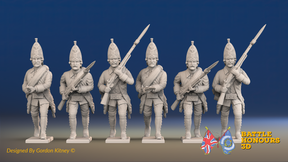 Seven Years’ War Russian Grenadiers - Advancing - Winter Uniform - Rolled Coats, front view. Supplied unpainted.