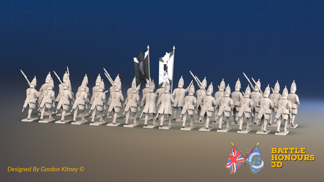Seven Years’ War Russian Grenadier Battalion - Advancing - Winter Uniform - 30 Figures, rear view. Supplied unpainted.
