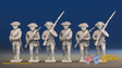 Seven Years’ War Russian Musketeers - Advancing - Summer Uniform - Rolled Coats, front view. Supplied unpainted.