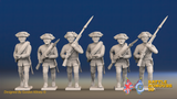 Seven Years’ War Russian Musketeers - Advancing - Summer Uniform - Rolled Coats, front view. Supplied unpainted.
