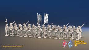 Seven Years’ War Prussian Musketeer Battalion - Charging - Set 2 - 30 Figures, front view. Supplied unpainted.