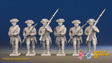 Seven Years’ War Russian Musketeers - Advancing - Winter Uniform - Rolled Cloaks, front view. Supplied unpainted.
