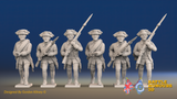 Seven Years’ War Russian Musketeers - Advancing - Winter Uniform - Rolled Cloaks, front view. Supplied unpainted.