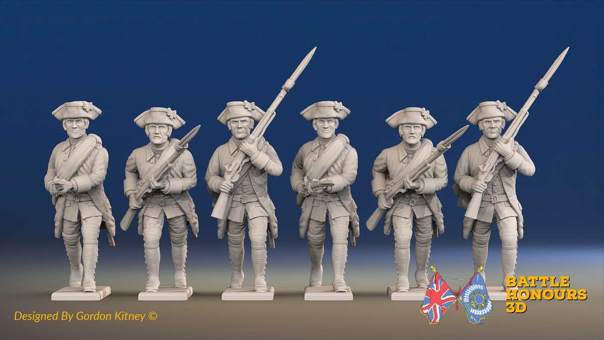 Seven Years’ War Russian Musketeers - Advancing - Winter Uniform - Rolled Cloaks, front view. Supplied unpainted.