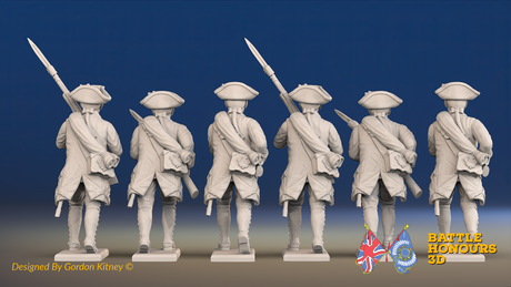 Seven Years’ War Russian Musketeers - Advancing - Winter Uniform - Rolled Coats, rear view. Supplied unpainted.