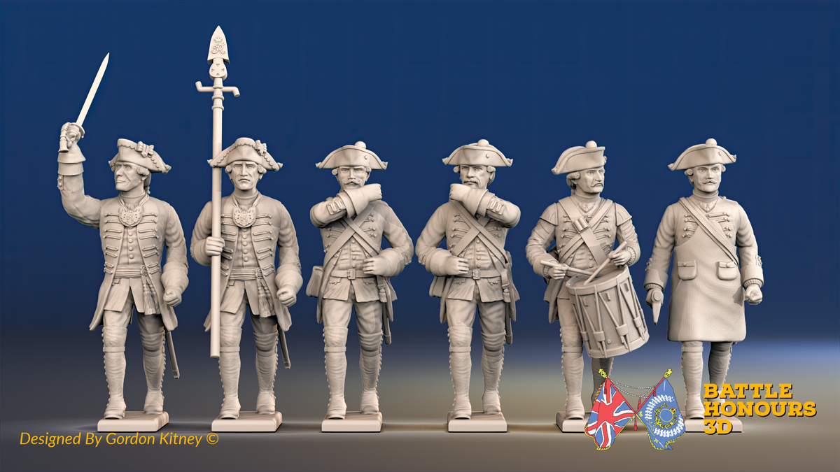 Seven Years’ War Prussian Musketeers Command - March Attack - Set 3, front view. Supplied unpainted.