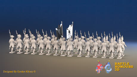 Seven Years’ War Russian Musketeer Battalion - March Attack - Winter Uniform - Observation Corps - 30 Figures, rear view. Supplied unpainted.
