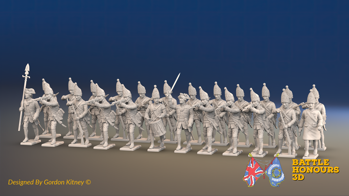 Seven Years’ War Prussian Grenadier Battalion - Firing Line - Plain Lapels and Pointed Lapel Lace - 30 Figures, front view. Supplied unpainted.