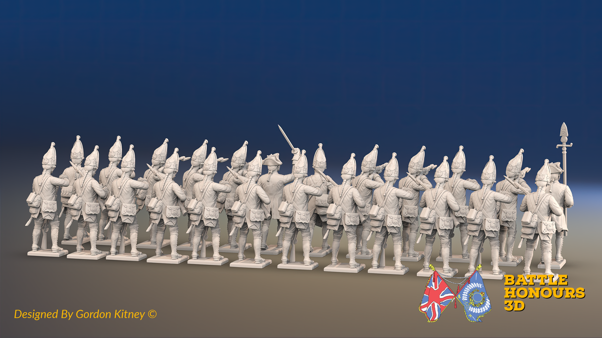 Seven Years’ War Prussian Grenadier Battalion - Firing Line - Plain Lapels and Pointed Lapel Lace - 30 Figures, rear view. Supplied unpainted.