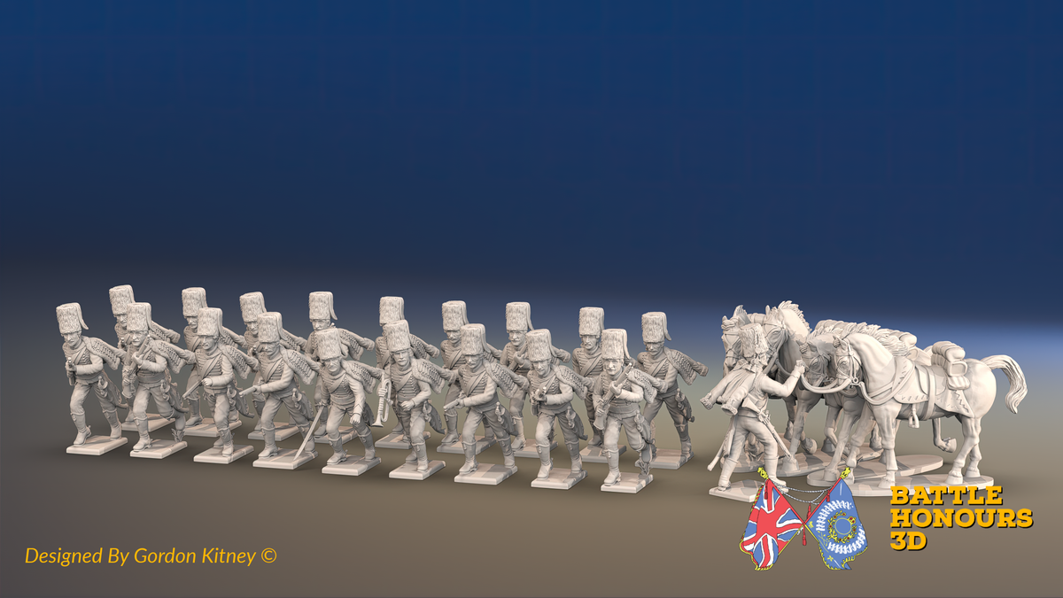 Seven Years’ War Prussian Dismounted Hussars - Charging - Fur Caps - 19 Figures and 4 Horses, front view. Supplied unpainted.
