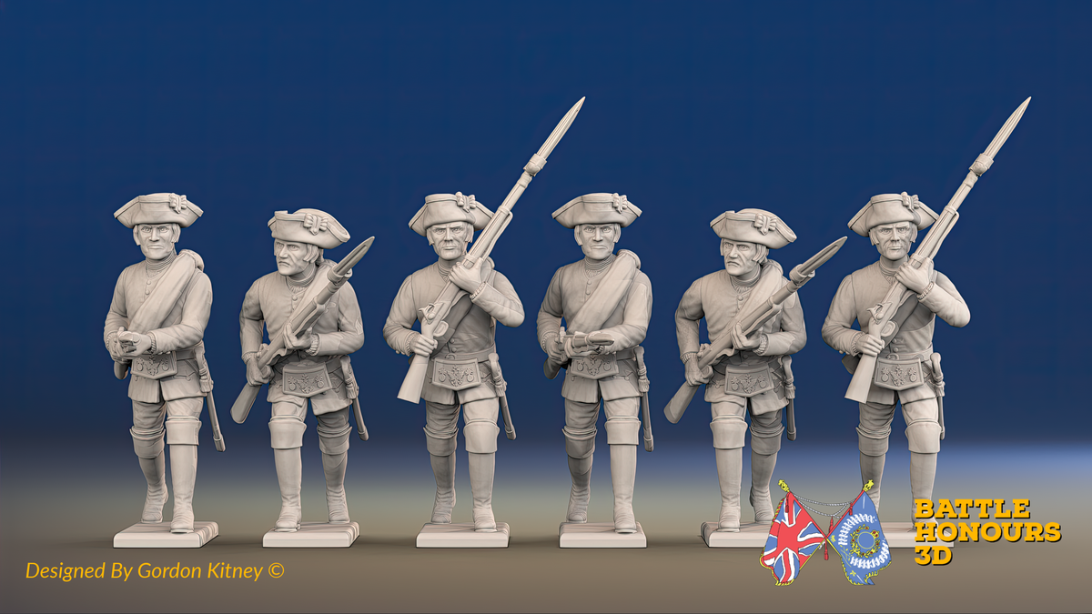 Seven Years’ War Russian Musketeers - Advancing - Summer Uniform - Observation Corps - Rolled Cloaks, front view. Supplied unpainted.