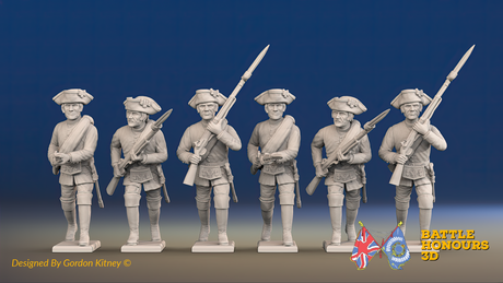 Seven Years’ War Russian Musketeers - Advancing - Summer Uniform - Observation Corps - Rolled Coats, front view. Supplied unpainted.