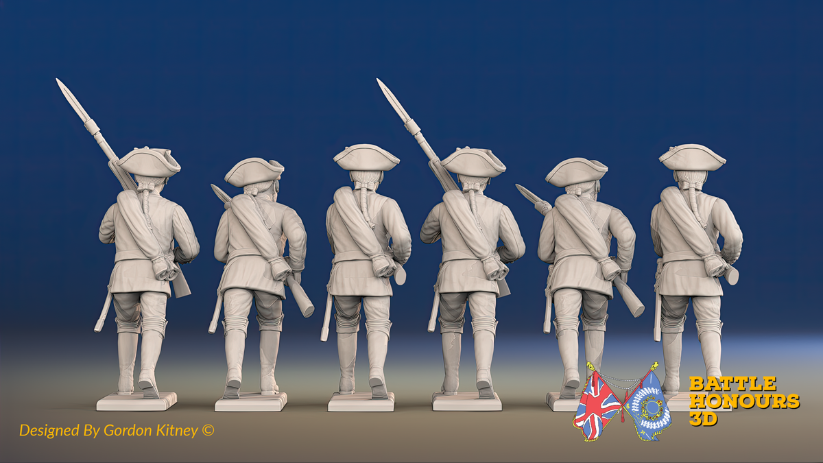 Seven Years’ War Russian Musketeers - Advancing - Summer Uniform - Observation Corps - Rolled Cloaks, rear view. Supplied unpainted.