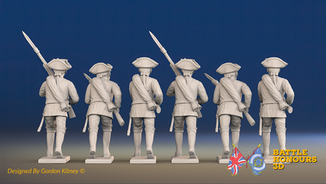 Seven Years’ War Russian Musketeers - Advancing - Summer Uniform - Observation Corps - Rolled Coats, rear view. Supplied unpainted.